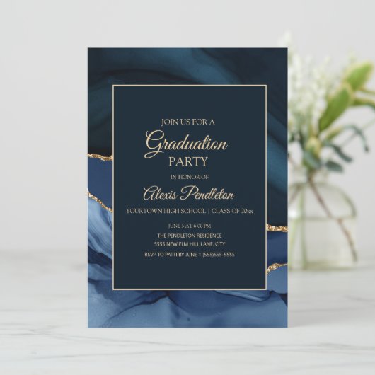 Elegant Navy Blue Marble Agate Afstuderen Kaart (Staand voorkant)