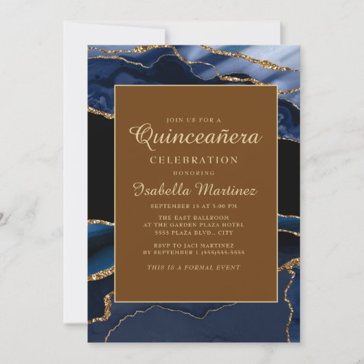 Elegant Navy Blue Marble Agate Quinceañera Kaart (Voorkant)