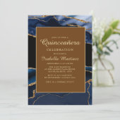 Elegant Navy Blue Marble Agate Quinceañera Kaart (Staand voorkant)