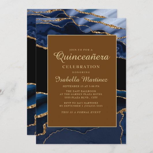 Elegant Navy Blue Marble Agate Quinceañera Kaart (Voorkant / Achterkant)