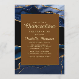 Elegant Navy Blue Marble Agate Quinceañera Kaart