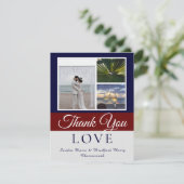 Elegant Navy Blue Maroon Wedding Photo collage Bedankkaart (Staand voorkant)
