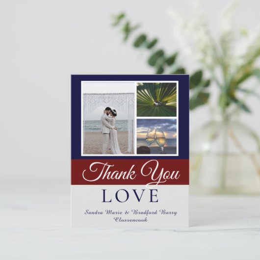Elegant Navy Blue Maroon Wedding Photo collage Bedankkaart (Staand voorkant)