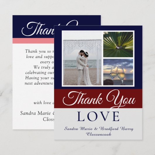 Elegant Navy Blue Maroon Wedding Photo collage Bedankkaart (Voorkant / Achterkant)