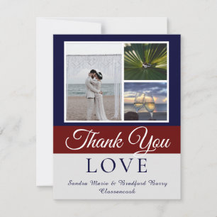 Elegant Navy Blue Maroon Wedding Photo collage Bedankkaart