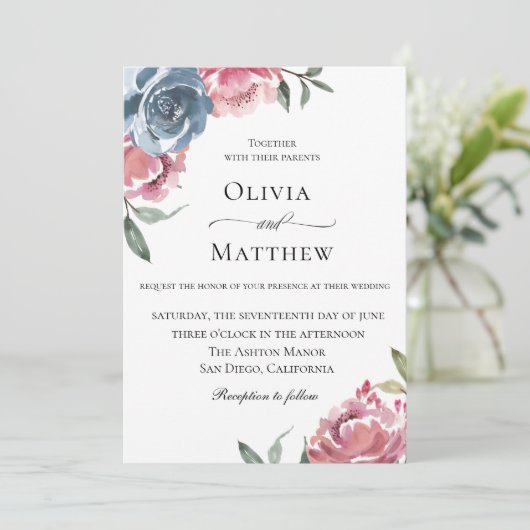 Elegant Navy Blue Mauve Botanische bruiloft Kaart (Staand voorkant)