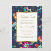 Elegant Navy Blue met Flowers Gold Trunk Party Kaart (Voorkant / Achterkant)