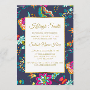 Elegant Navy Blue met Flowers Gold Trunk Party Kaart