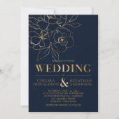 Elegant Navy Blue met Gold Sketched Rozen Wedding Kaart (Voorkant)