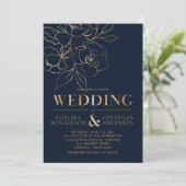 Elegant Navy Blue met Gold Sketched Rozen Wedding Kaart (Staand voorkant)