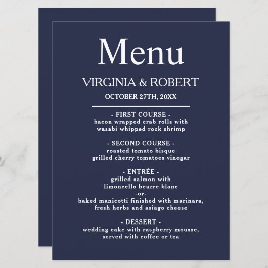 Elegant Navy Blue | Minimale bruiloft Programmakaart (Voorkant / Achterkant)