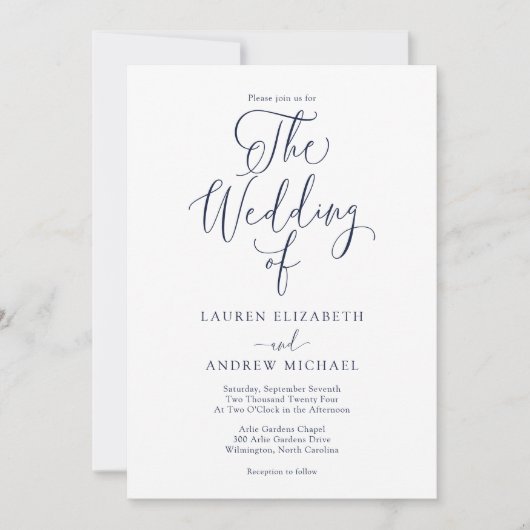 Elegant Navy Blue Minimalist Wedding Kaart (Voorkant)