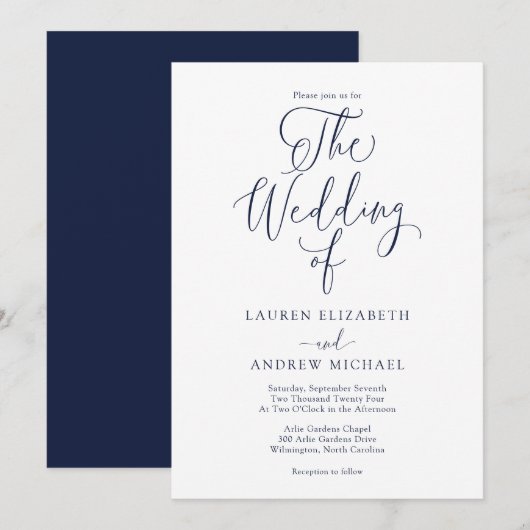 Elegant Navy Blue Minimalist Wedding Kaart (Voorkant / Achterkant)
