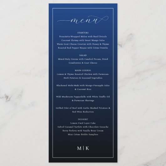 Elegant Navy Blue Minimalist Wedding Menu (Voorkant)