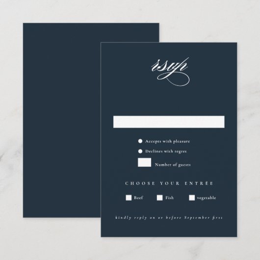 Elegant Navy Blue Minimalist Wedding RSVP Kaartje (Voorkant / Achterkant)
