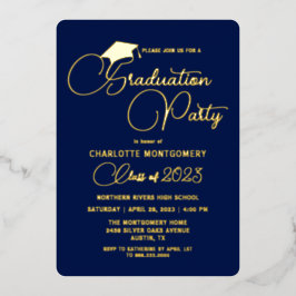 Elegant Navy Blue Modern Afstuderen Invitation Folie Feestdagenkaart
