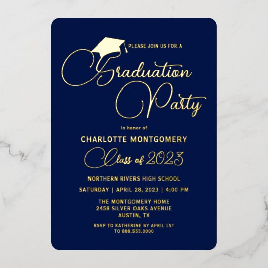 Elegant Navy Blue Modern Afstuderen Invitation Folie Feestdagenkaart (Voorkant)