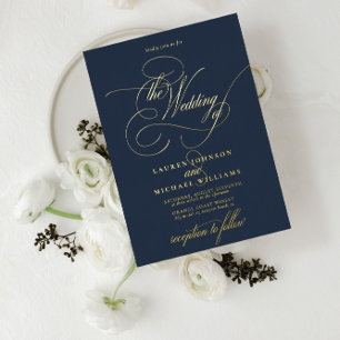 Elegant Navy Blue Modern Calligraphy Wedding Folie Folie Uitnodiging