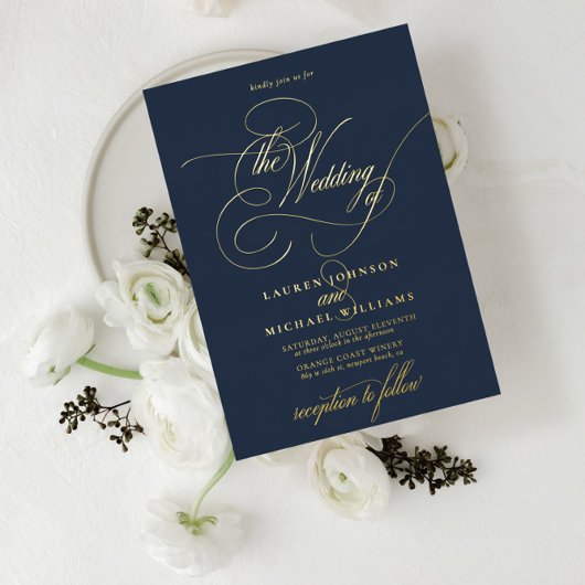 Elegant Navy Blue Modern Calligraphy Wedding Folie Folie Uitnodiging
