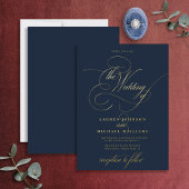 Elegant Navy Blue Modern Calligraphy Wedding Folie Folie Uitnodiging