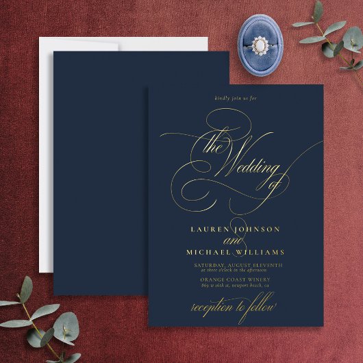 Elegant Navy Blue Modern Calligraphy Wedding Folie Folie Uitnodiging