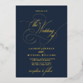 Elegant Navy Blue Modern Calligraphy Wedding Folie Folie Uitnodiging (Voorkant)
