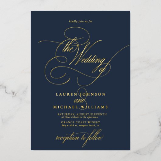 Elegant Navy Blue Modern Calligraphy Wedding Folie Folie Uitnodiging (Voorkant)