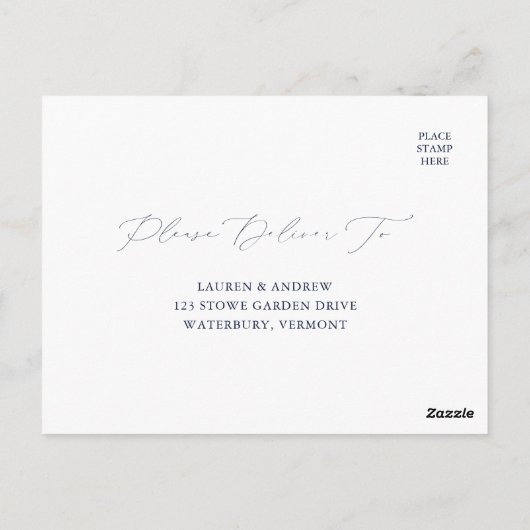 Elegant Navy Blue Modern Minimal Wedding RSVP Briefkaart (Achterkant)