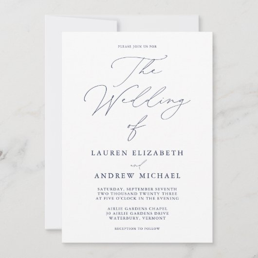 Elegant Navy Blue Modern Minimalist Wedding Kaart (Voorkant)