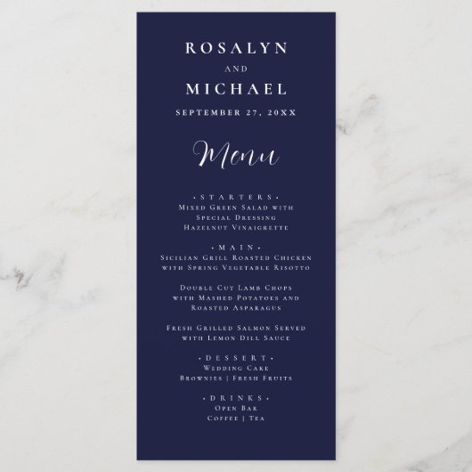 Elegant Navy Blue Modern Minimalist Wedding Menu (Voorkant)