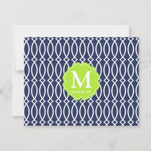 Elegant Navy Blue Modern Trellis Monogrammed Kaart (Voorkant)