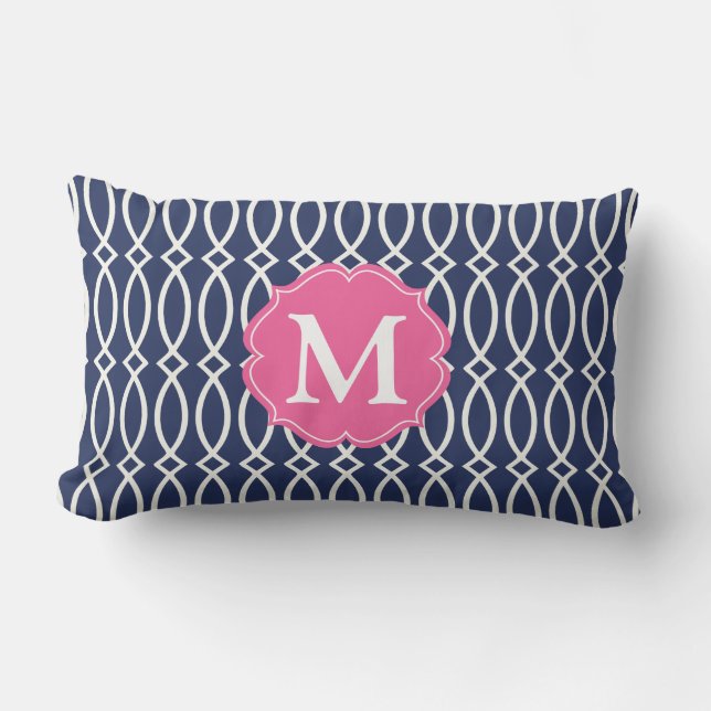Elegant Navy Blue Modern Trellis Monogrammed Kussen (Voorkant)