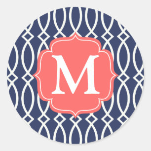 Elegant Navy Blue Modern Trellis Monogrammed Ronde Sticker