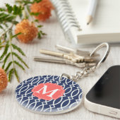 Elegant Navy Blue Modern Trellis Monogrammed Sleutelhanger (Voorkant Rechts)