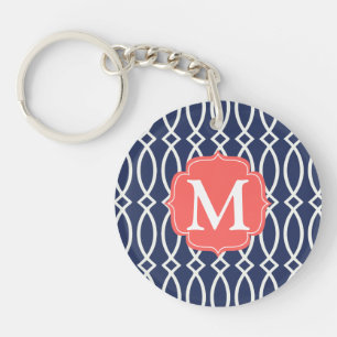 Elegant Navy Blue Modern Trellis Monogrammed Sleutelhanger