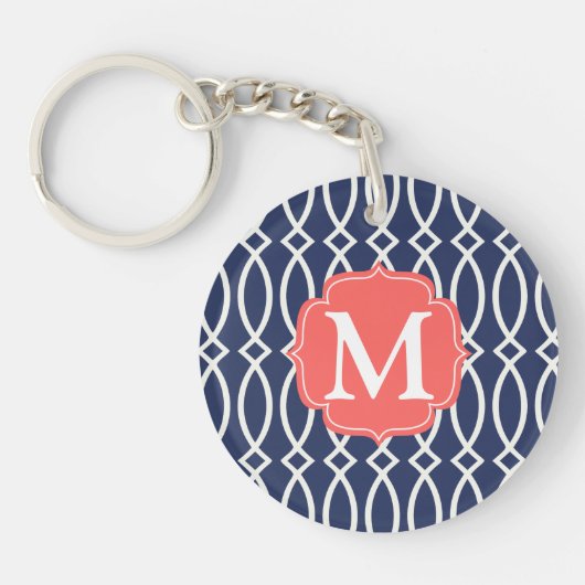 Elegant Navy Blue Modern Trellis Monogrammed Sleutelhanger (Voorkant)
