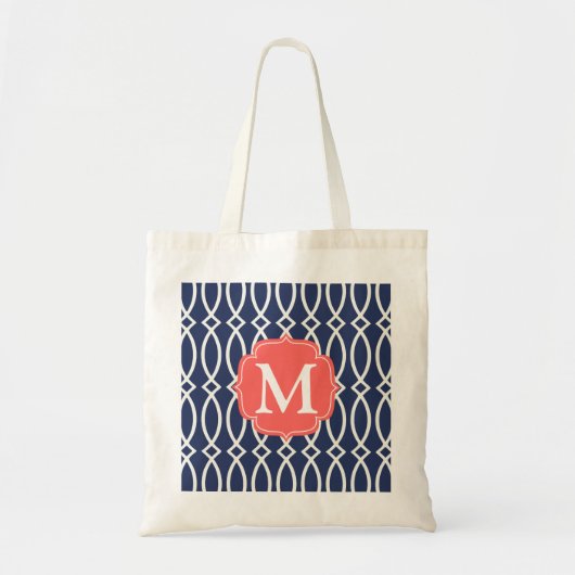 Elegant Navy Blue Modern Trellis Monogrammed Tote Bag (Voorkant)