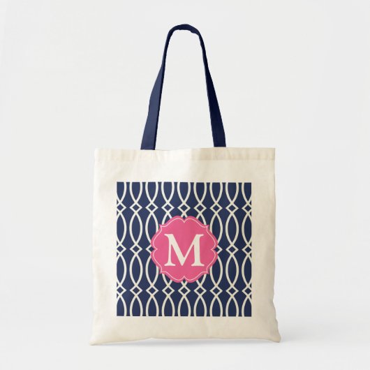Elegant Navy Blue Modern Trellis Monogrammed Tote Bag (Voorkant)