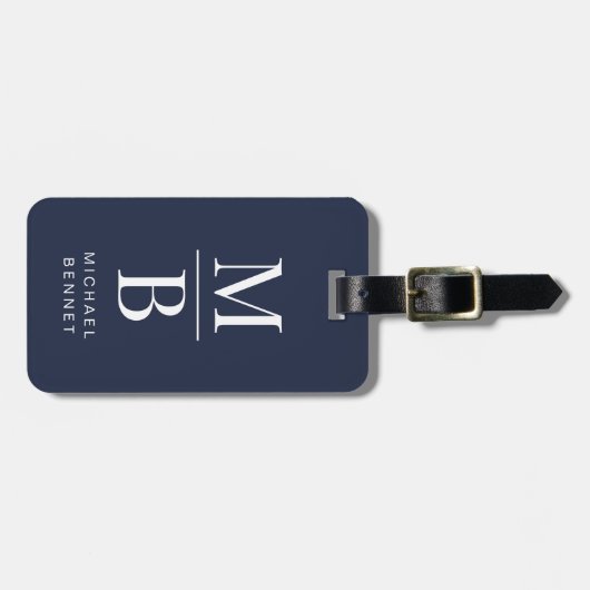 Elegant Navy Blue Monogram Bagagelabel (Voorkant horizontaal)