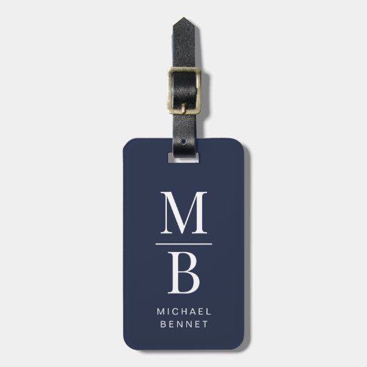 Elegant Navy Blue Monogram Bagagelabel (Voorkant verticaal)