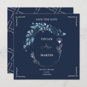 Elegant Navy BLue Monogram bewaart de datum Kaart (Voorkant / Achterkant)