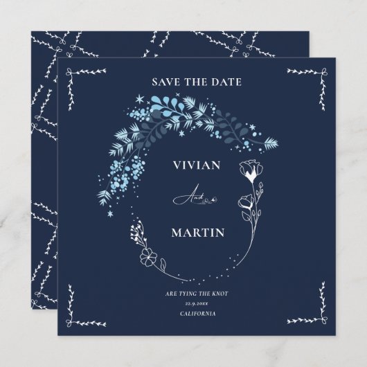 Elegant Navy BLue Monogram bewaart de datum Kaart (Voorkant / Achterkant)