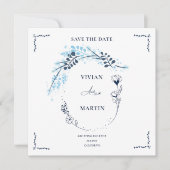 Elegant Navy Blue Monogram Bloemen Bewaar de datum Kaart (Voorkant)