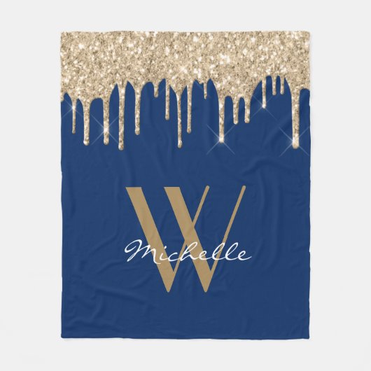 Elegant Navy Blue Monogram Driving Glitter Name Fleece Deken (Voorkant)