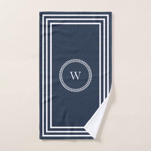 Elegant Navy Blue Monogram met wit Lijst Bad Handdoek (Handdoek)