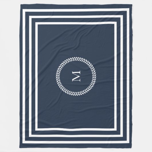Elegant Navy Blue Monogram met wit Lijst Fleece Deken (Voorkant)
