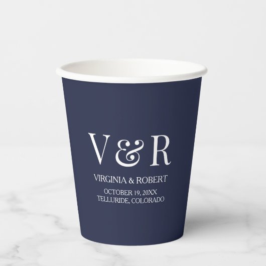 Elegant Navy Blue Monogram | Minimale bruiloft Papieren Bekers (Voorkant)