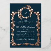 Elegant Navy Blue monogram Roos Gold Crest Bruilof Folie Uitnodiging (Voorkant)