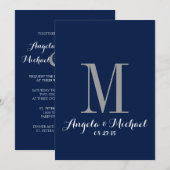 Elegant Navy Blue Monogram Wedding Invitation Kaart (Voorkant / Achterkant)