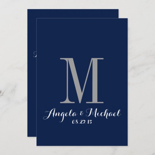 Elegant Navy Blue Monogram Wedding Invitation Kaart (Voorkant / Achterkant)